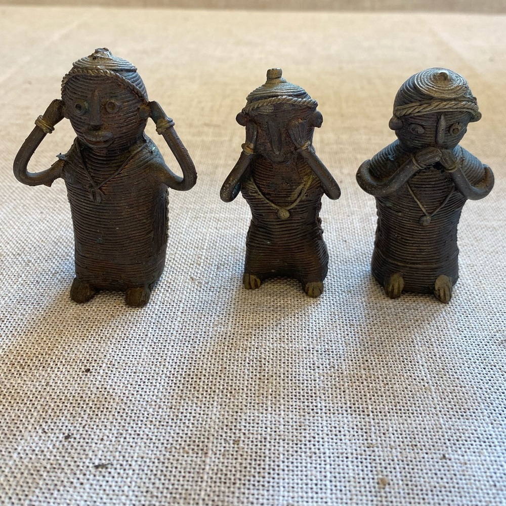 Three wise monkey solid brass wire handmade sculpture. Hear, see, speak no evil.